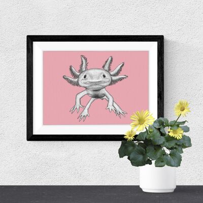 Stampa artistica dettagliata sugli animali - Axolotl // Disegno a penna e inchiostro A4 // Arte della parete della fauna selvatica