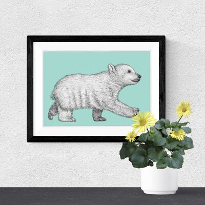 Stampa artistica dettagliata sugli animali - Cucciolo di orso polare // Disegno a penna e inchiostro A4 // Arte della parete della fauna selvatica