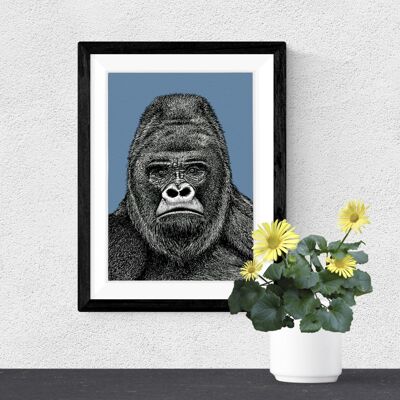 Stampa artistica dettagliata sugli animali - Gorilla di pianura // Disegno a penna e inchiostro A4 // Arte della parete della fauna selvatica