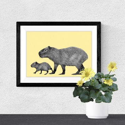 Detaillierter Tierkunstdruck - Capybara // A4-Stift- und Tintenzeichnung // Wildtier-Wandkunst
