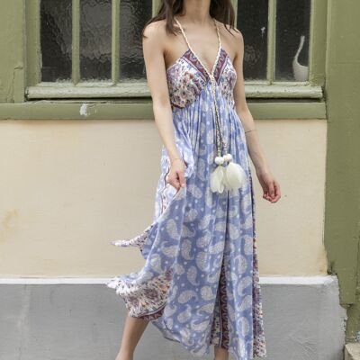 Long dress with braided straps with pompoms and shells