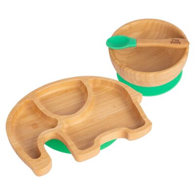 Tiny Dining Elefanten-Teller, Schüssel und Löffel aus Bambus für Kinder mit Saugnäpfen – Grün
