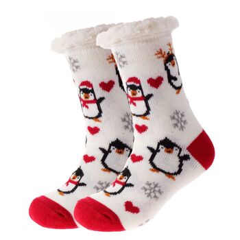 Chaussettes douillettes "Pingouin" blanc et rouge 1