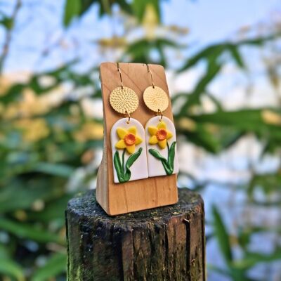 Statement Spring Daffodil Polymer Clay Arch Hook Earrings