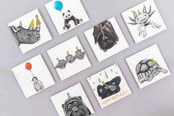 Carte d’anniversaire animale - Party Bat // Cartes écologiques // Cartes d’art de la faune 4