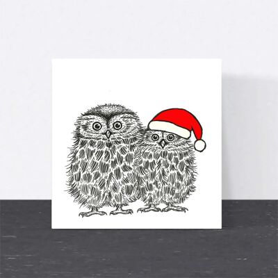 Cartolina di Natale con animali - Gufi carini // Cartoline di Natale ecologiche // Cartoline con arte della fauna selvatica