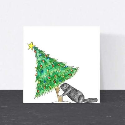 Cartolina di Natale con animali - Castoro divertente // Cartoline di Natale ecologiche // Cartoline con arte della fauna selvatica