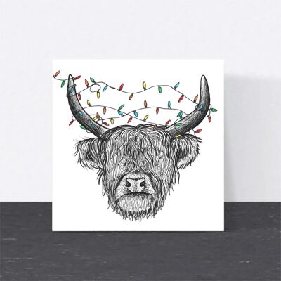 Carte de Noël animale - Highland Cow // Cartes de Noël respectueuses de l’environnement // Cartes d’art de la faune