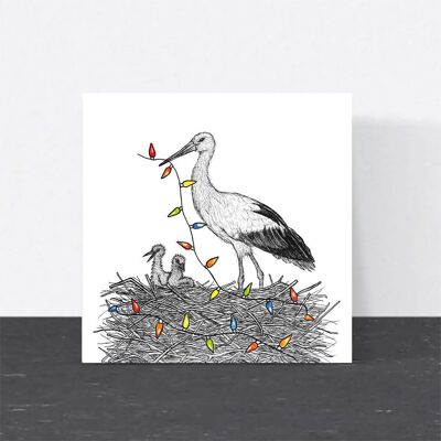 Cartolina di Natale con animali - Cicogna bianca // Cartoline di Natale ecologiche // Cartoline con arte della fauna selvatica