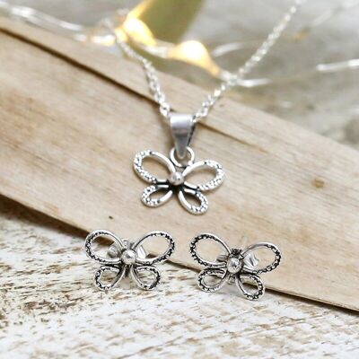 Silver necklace and earrings set - Butterfly