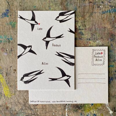 "Love, Freedom, Everything" Swallows Postcard
