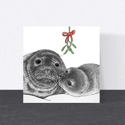 Cartolina di Natale con animali - Foche grigie // Cartoline di Natale ecologiche // Cartoline d'arte della fauna selvatica
