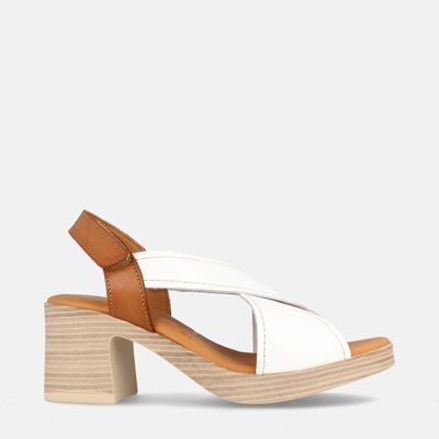 WOMEN'S LEATHER SANDAL WITH HIGH HEEL BISSAN WHITE AND HAZELNUT