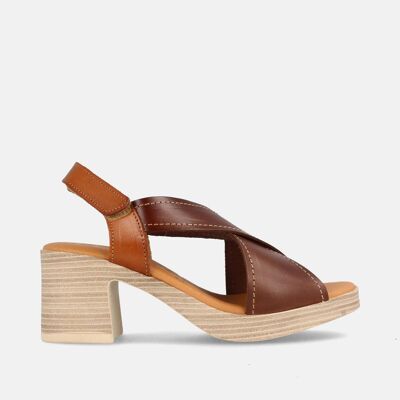 WOMEN'S LEATHER SANDAL WITH HIGH HEEL BISSAN WALNUT AND HAZELNUT