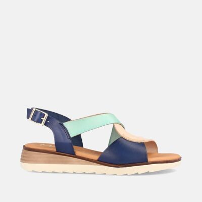 WOMEN'S LEATHER SANDAL WITH LOW WEDGE AMMAN COMBI BLUE