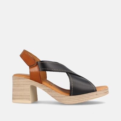 WOMEN'S LEATHER SANDAL WITH HIGH HEEL BISSAN BLACK AND HAZELNUT