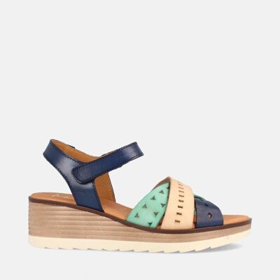 SANDALE EN CUIR POUR FEMME À BASSE COMPENSÉE MOYENNE COMBI BLEU