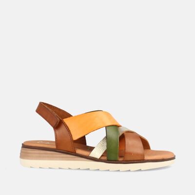 WOMEN'S SANDALS WITH LOW WEDGE IN KITON COMBI HAZELNUT LEATHER