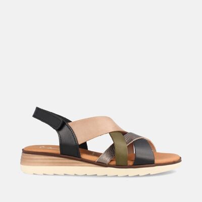 SANDALIAS PARA MUJER CON CUÑA BAJA EN PIEL KITON COMBI NEGRO