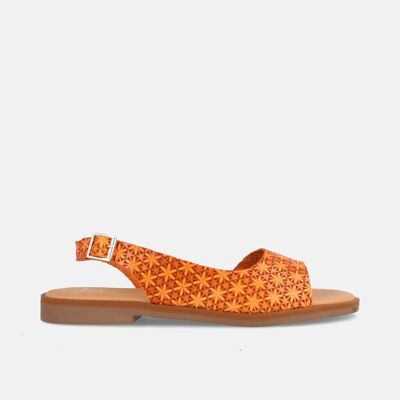 WOMEN'S FLAT SANDALS IN ORANGE ARANZAZU ENGRAVED LEATHER