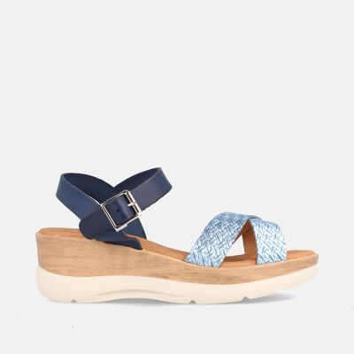 WOMEN'S SANDALS WITH MEDIUM WEDGE IN LEATHER JANET CORFU BLUE