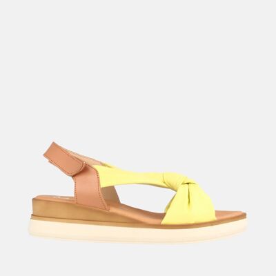 Imelda yellow and leather low wedge sandal for women.