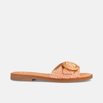 WOMEN'S FLAT CLOG-TYPE SANDAL IN LEATHER WITH ORANGE LILY ENGRAVING