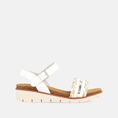 Women's sandal with combined medium wedge in raffia and white leather.