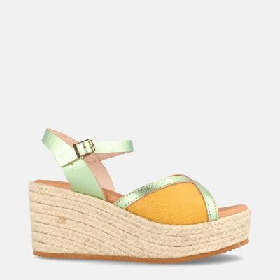 WOMEN'S LEATHER SANDAL WITH HIGH WEDGE BOGOTÁ SUNFLOWER AND GREEN
