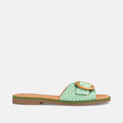 WOMEN'S FLAT CLOG-TYPE SANDAL IN LEATHER WITH GREEN LILY ENGRAVING