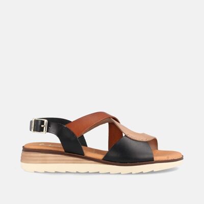 WOMEN'S LEATHER SANDAL WITH LOW WEDGE AMMAN COMBI BLACK