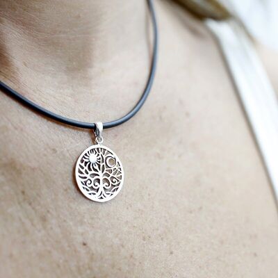 Pendentif arbre de vie soleil et lune en argent