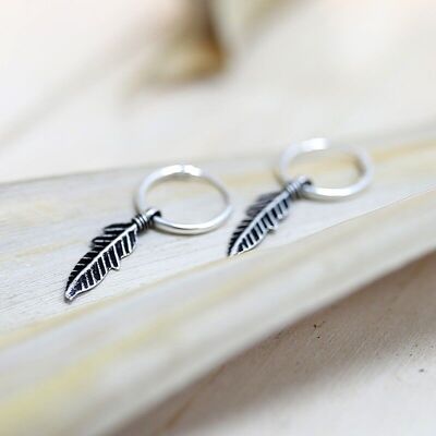 Silver earring - hoop with feather
