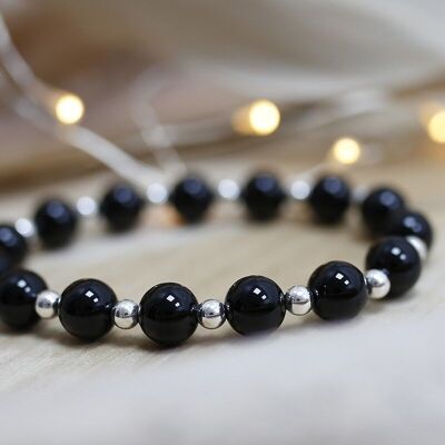 Silver and black agate beads bracelet 8mm