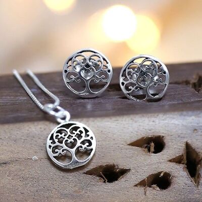 Silver necklace and earrings set - Tree of life heart