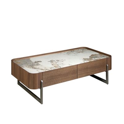 RECTANGULAR COFFEE TABLE IN PORCELAIN MARBLE, WALNUT AND METALLIC DARK STEEL 2131