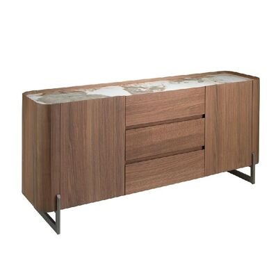 WALNUT AND DARK METALLIC STEEL SIDEBOARD WITH PORCELAIN MARBLE TOP 3252