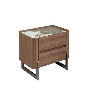 WALNUT AND DARK METALLICED STEEL NIGHT TABLE WITH PORCELAIN MARBLE TOP 7152