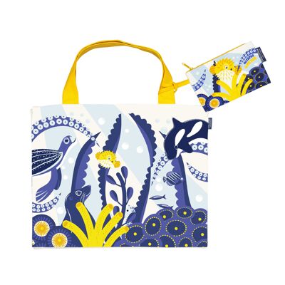 Extra large shopping bag and removable Octopus Garden pouch in organic cotton - Mother's Day
