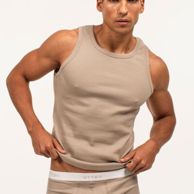 Ärmelloses T-Shirt mit Rundhalsausschnitt – Taupe – gerippte Baumwolle