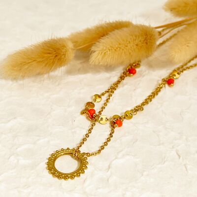 Double golden chain necklace with sun pendant and orange stone
