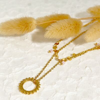 Double gold chain necklace with sun pendant and pink stone