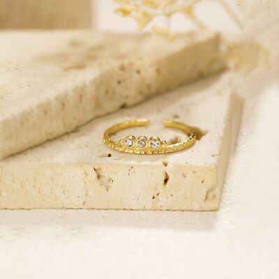 Gold line ring with trio of rhinestones