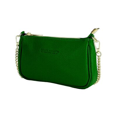 RB1022E | Bolso pequeño de piel auténtica Made in Italy con bandolera de cadena extraíble. Cierre de cremallera y accesorios de metal dorado brillante - Color verde - Dimensiones: 20 x 12 x 6 cm