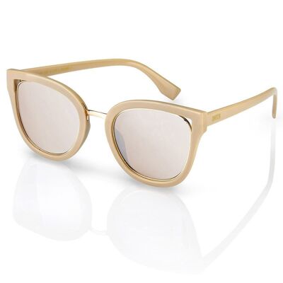 Damensonnenbrille mit Polyamidrahmen.   Verspiegelte Gläser mit UV400-Schutz – Beige Farbe mit Goldchrom. Abmessungen: 15 x 5,5 x 15 cm