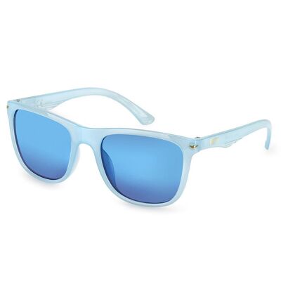 Unisex-Sonnenbrille mit durchsichtigem Kunststoffrahmen.   Farbige verspiegelte Gläser mit UV400-Schutz – Farbe Hellblau. Abmessungen: 14,5 x 5 x 14 cm