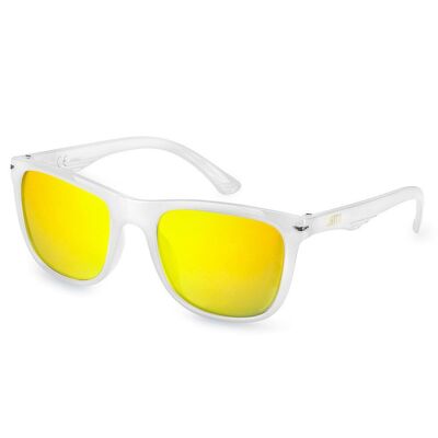 Unisex-Sonnenbrille mit durchsichtigem Kunststoffrahmen.   Farbige verspiegelte Gläser mit UV400-Schutz – Farbe Weiß. Abmessungen: 14,5 x 5 x 14 cm