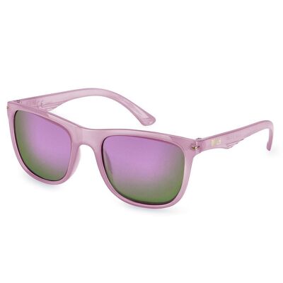 Unisex-Sonnenbrille mit durchsichtigem Kunststoffrahmen.   Farbige verspiegelte Gläser mit UV400-Schutz – rosa Farbe. Abmessungen: 14,5 x 5 x 14 cm