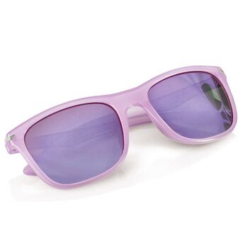 Lunettes de soleil unisexes avec monture en plastique translucide.                                        Verres miroir colorés avec protection UV400 - Couleur rose. Dimensions : 14,5 x 5 x 14 cm 2