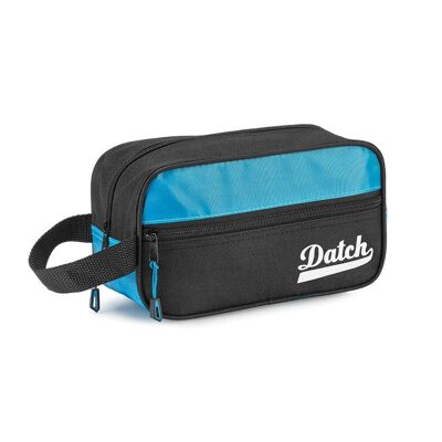 Polyester Beauty Case with front pocket and side handle.   Zipper closure.   Color Black / Light Blue. Dimensions: 23 x 12.5 x 9.5 cm